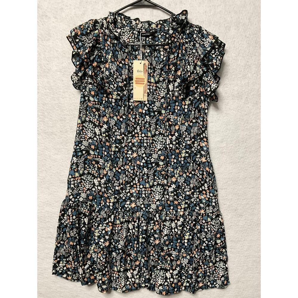 Dokotoo Dress Womens Medium Black Floral Ruffle Short Sleeve Tiered Boho New